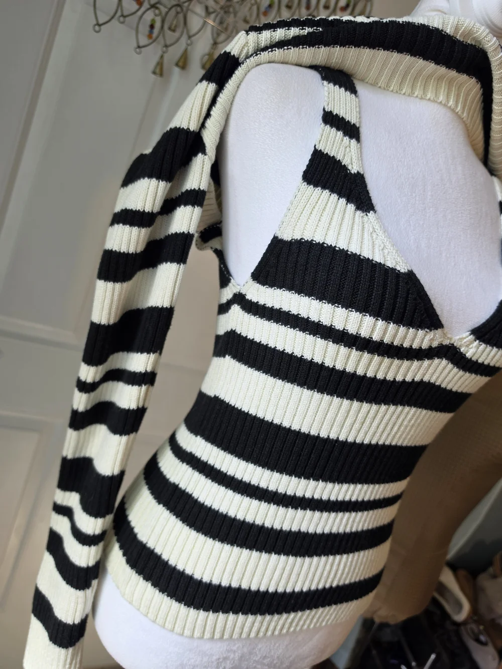Maeve X Anthro Striped Sweater Shrug Set Womens M Black Cream Ribbed Cotton Blen